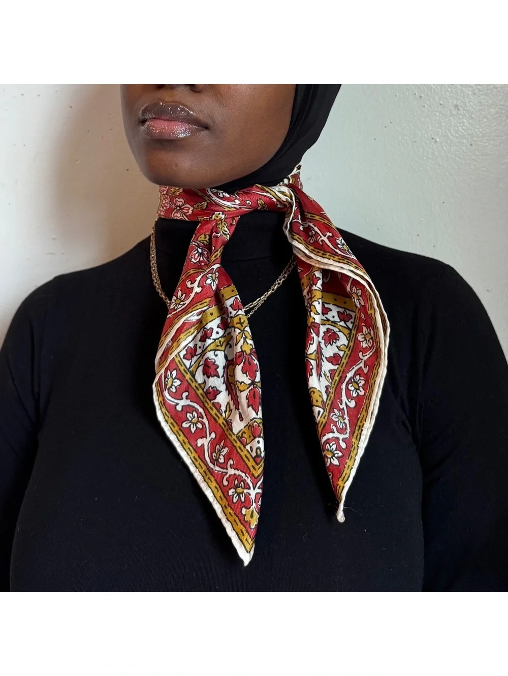 Vintage Red Floral Silk feel Square Scarf Neck Tie Bandana